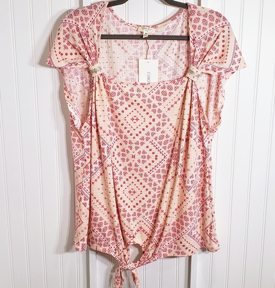 Como Blu NWT Pink Print  Sleeveless Blouse Front Bottom Tie 2X
